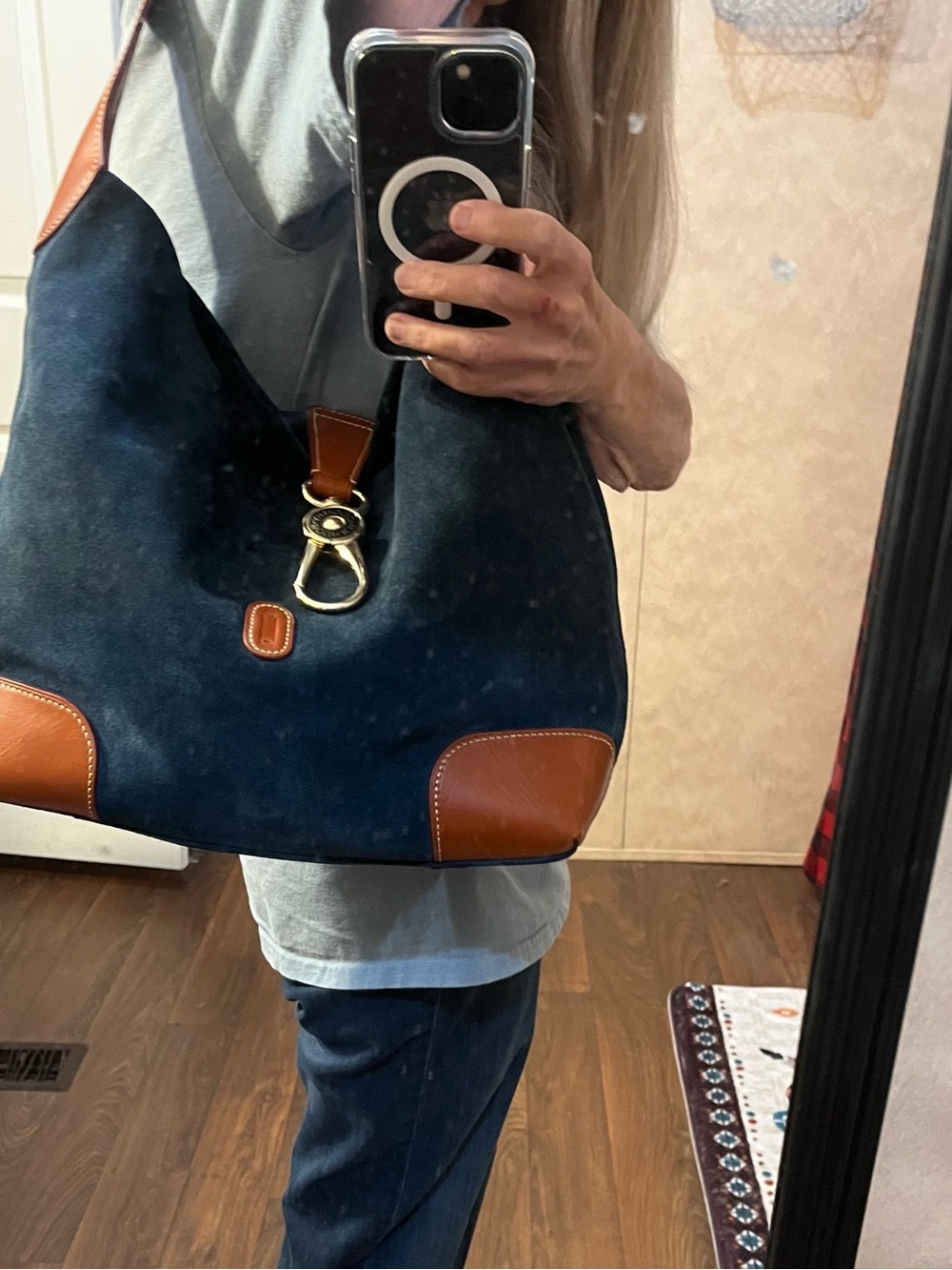 Dooney & Bourke Blue Suede Shoulder Bag with Brown Leather Trim - Picture 3 of 16